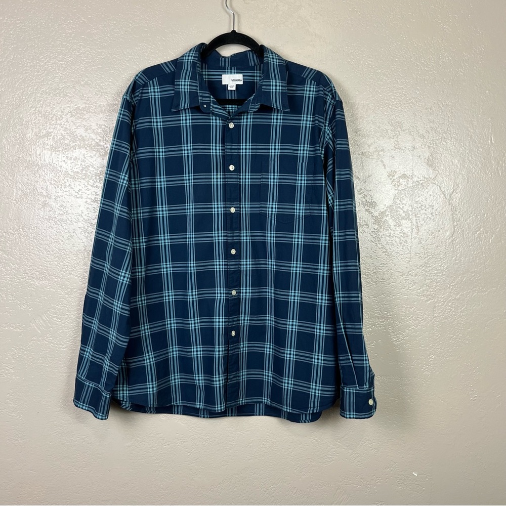 5‎ for $30 Sonoma good for life women long sleeve bottoms down blue plaid shirt